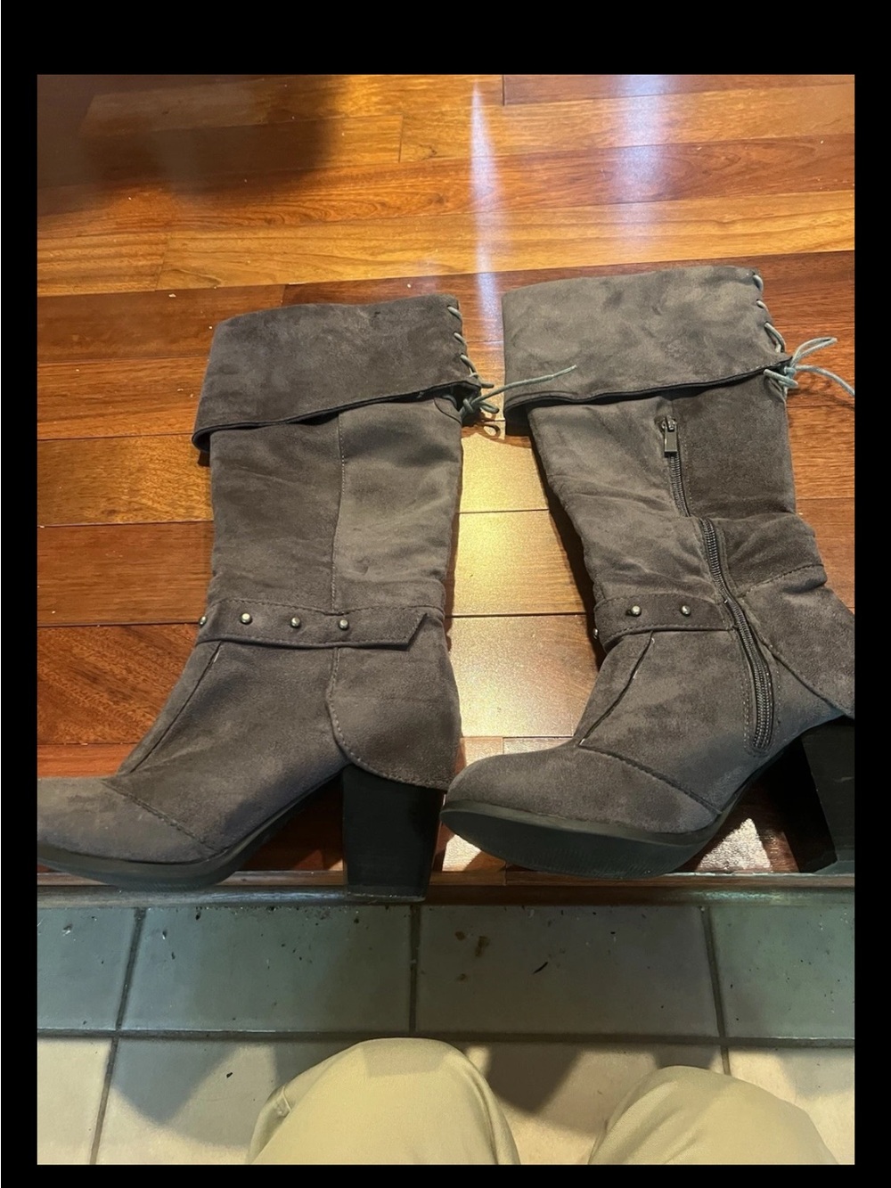 Unbranded Gray Suede Mid-Calf Heeled Boots with Stud and Lace Detail